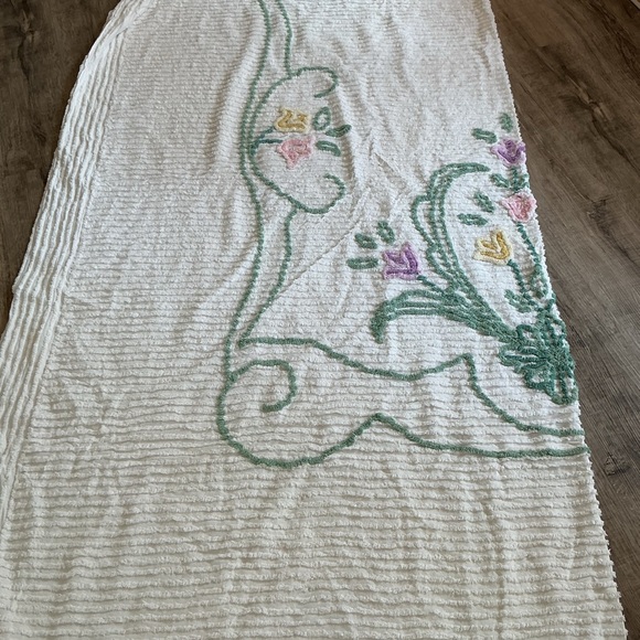 White Chenille Bedspread with Green Scrollwork and Pastel Floral Accents